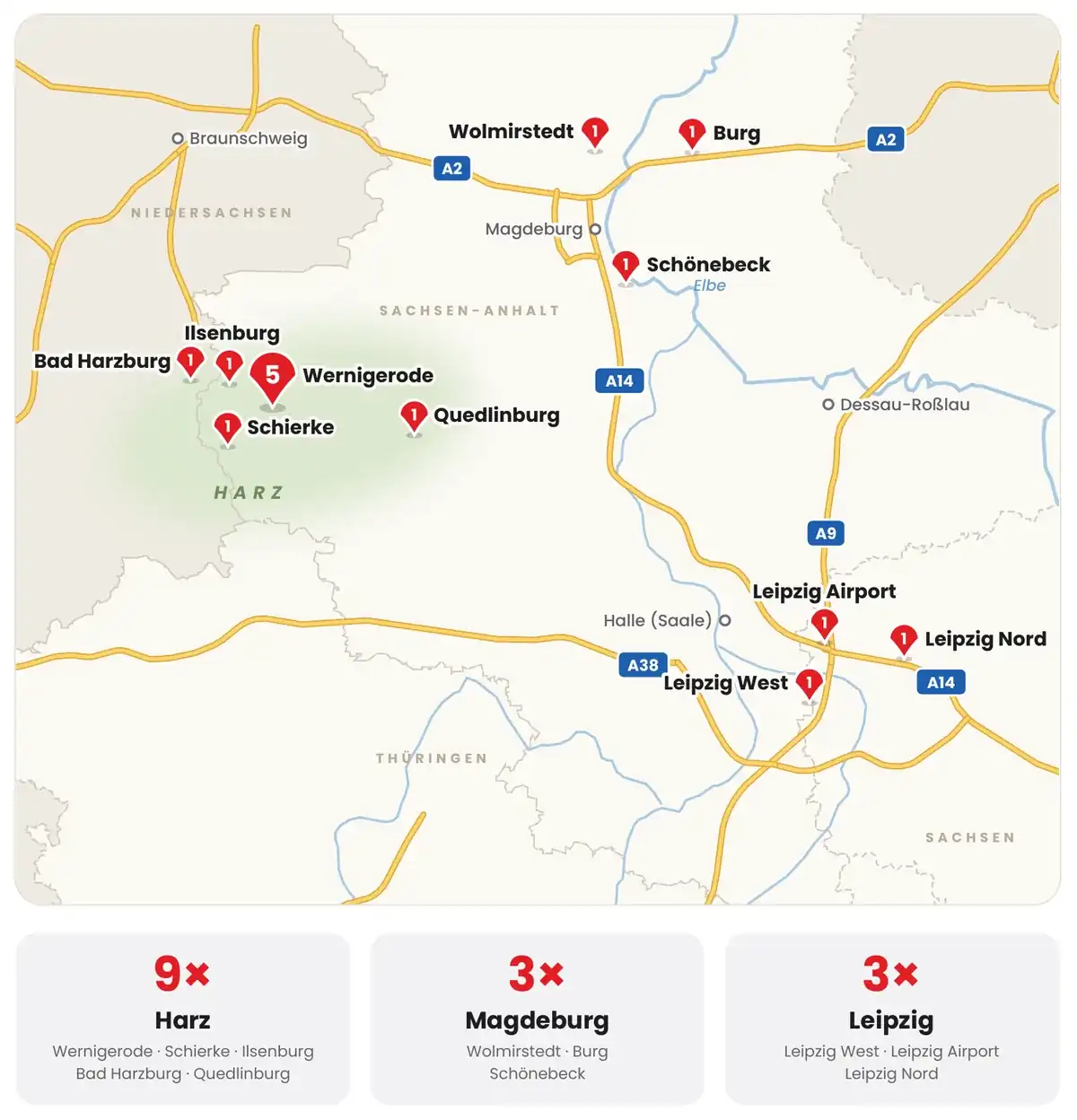 Standortkarte der REGIOHOTEL im Harz, rund um Magdeburg und in Leipzig